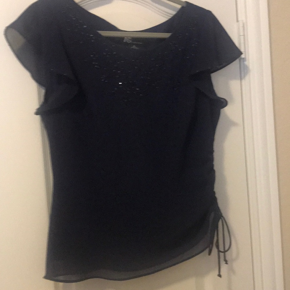 KS Collection Navy Beaded Ruched Blouse Women Size 10